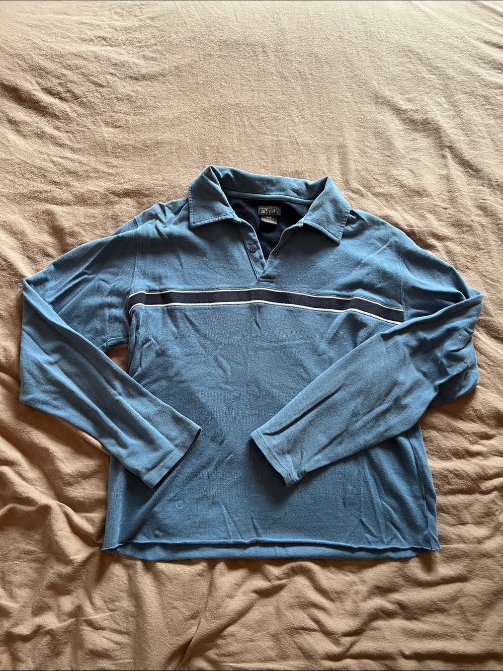 Men's Long-Sleeve Polo with Chest Stripe in Dusty Blue